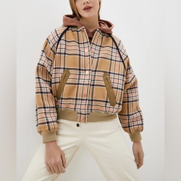 See by Chloe Wool Bomber (Multi-Color Beige) Plaid Jacket - Size 36 - Picture 3 of 15